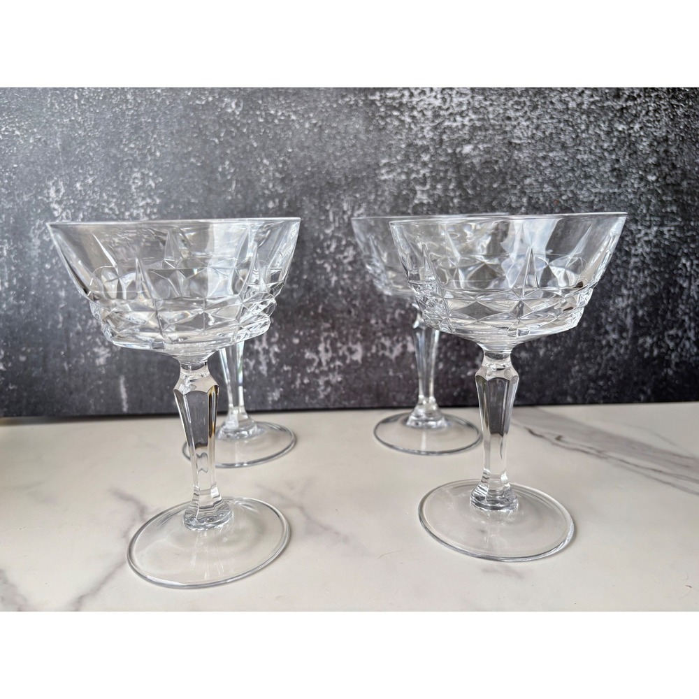 Vintage Crystal Champagne Coupe Glasses Set of 4 Diamond Cut Pedestal Stemware